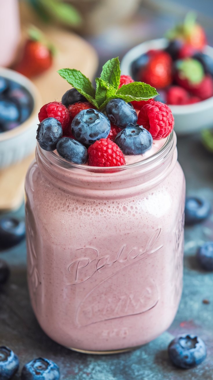 A mason jar filled with a vibrant pink smoothie, topped with fresh blueberries, raspberries, and a sprig of mint. In the background are bowls showcasing strawberries and blueberries on a dark surface—a delicious nod to the best protein shake recipes.