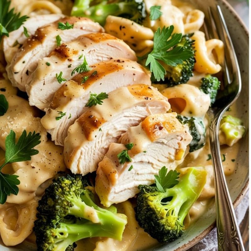 A plate of creamy pasta with broccoli, topped with sliced grilled chicken breast and garnished with fresh parsley, sits next to a fork—perfect alongside cottage cheese bowls for a balanced meal.