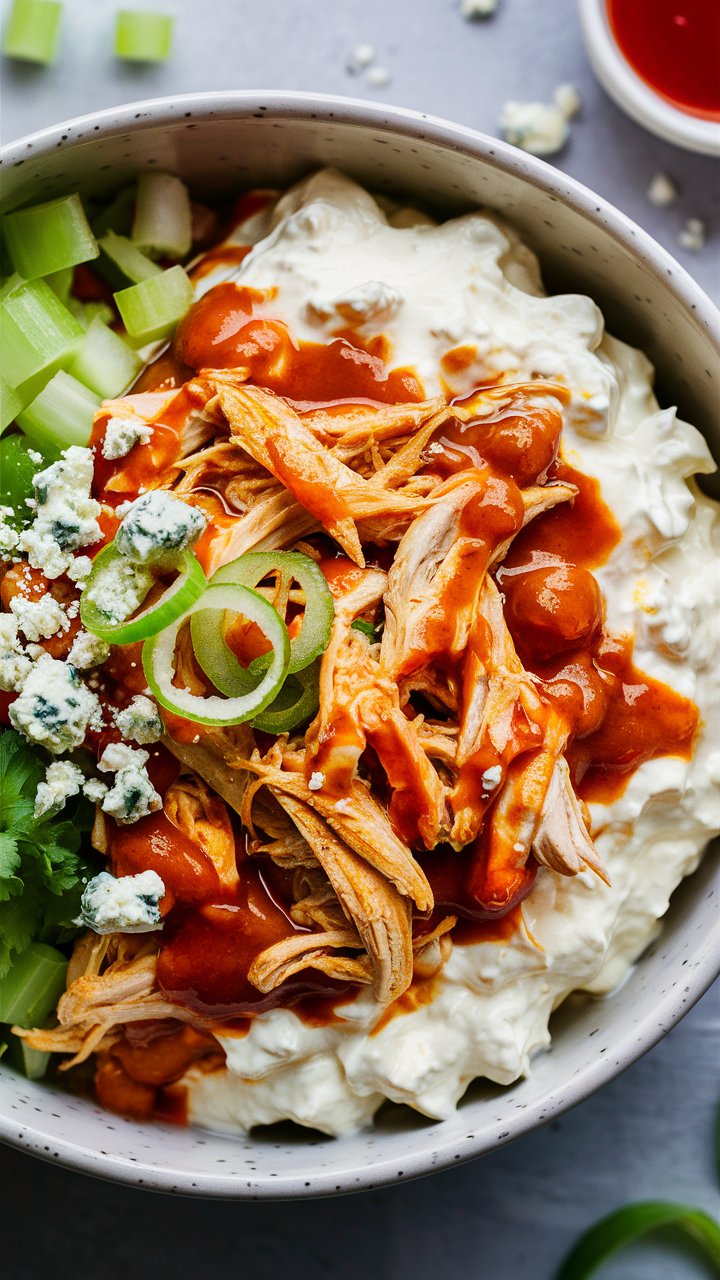 A bowl of buffalo chicken dip topped with shredded chicken, hot sauce, blue cheese crumbles, sliced green onions, and celery pieces. The creamy base resembles that of cottage cheese bowls. A small dish with red sauce is partially visible in the background.