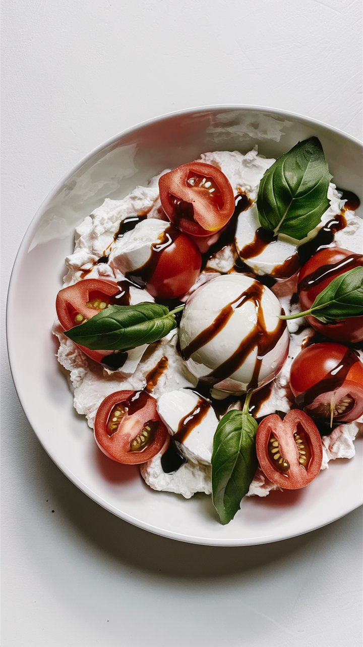 A bowl of fresh burrata cheese topped with sliced tomatoes and basil leaves, drizzled with balsamic glaze, evokes the comfort of cottage cheese bowls. The dish is beautifully presented on a white surface.