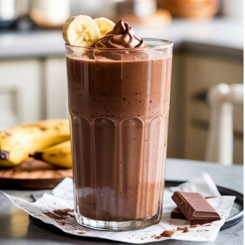 A tall glass filled with creamy chocolate banana smoothie, inspired by the best protein shake recipes, topped with whipped chocolate and banana slices. A couple of chocolate pieces and bananas are in the background on a kitchen counter.