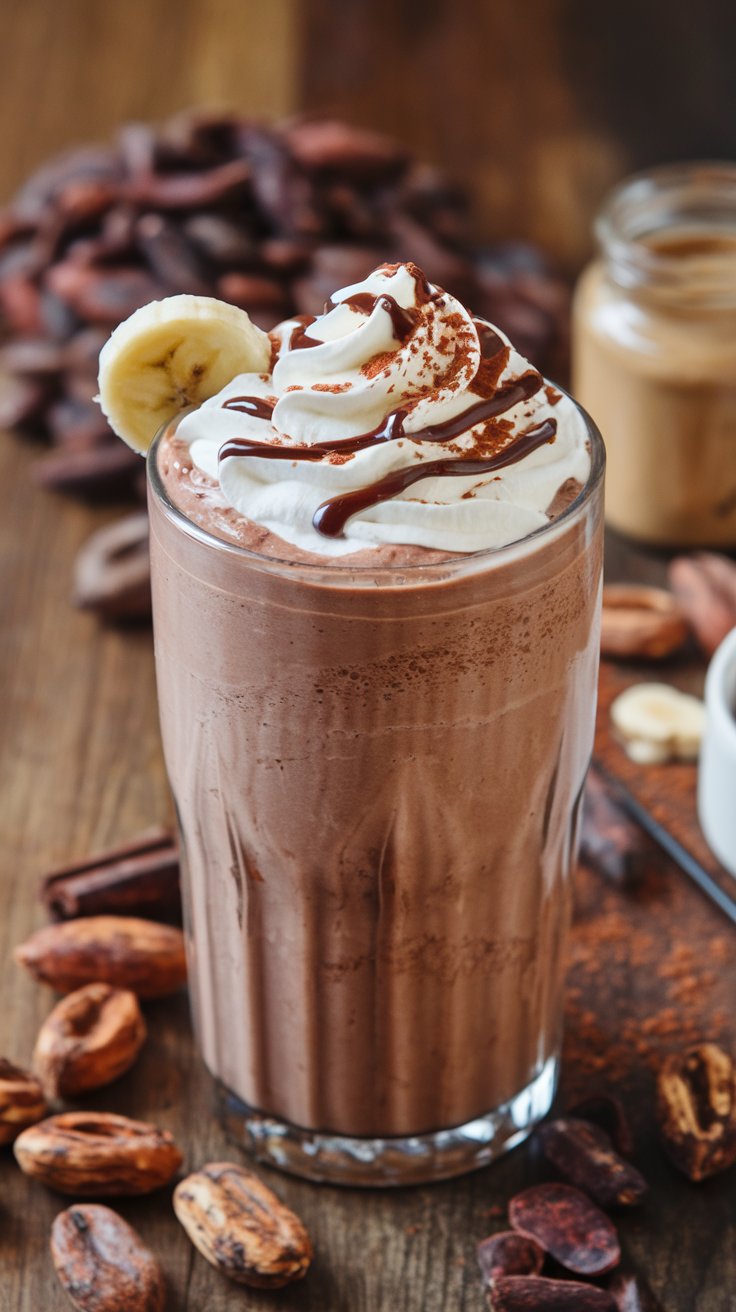 A tall glass of chocolate milkshake, one of the best protein shake recipes, topped with whipped cream, chocolate drizzle, and a banana slice. Cocoa beans and a jar of peanut butter sit in the background on a wooden surface.