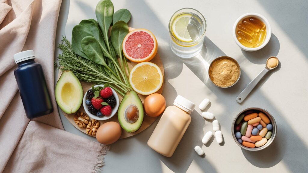A variety of healthy foods, essential vitamins for metabolism, and supplements are arranged on a light surface, including avocado, leafy greens, berries, citrus slices, eggs, nuts, honey, water with lemon, powders, and assorted pills.