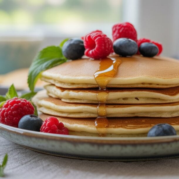 A stack of fluffy, protein-rich pancakes topped with fresh raspberries, blueberries, and a drizzle of syrup, served on a plate with a mint leaf garnish—perfect inspiration for healthy pancake recipes. A blurred cup and honey dipper are in the background.