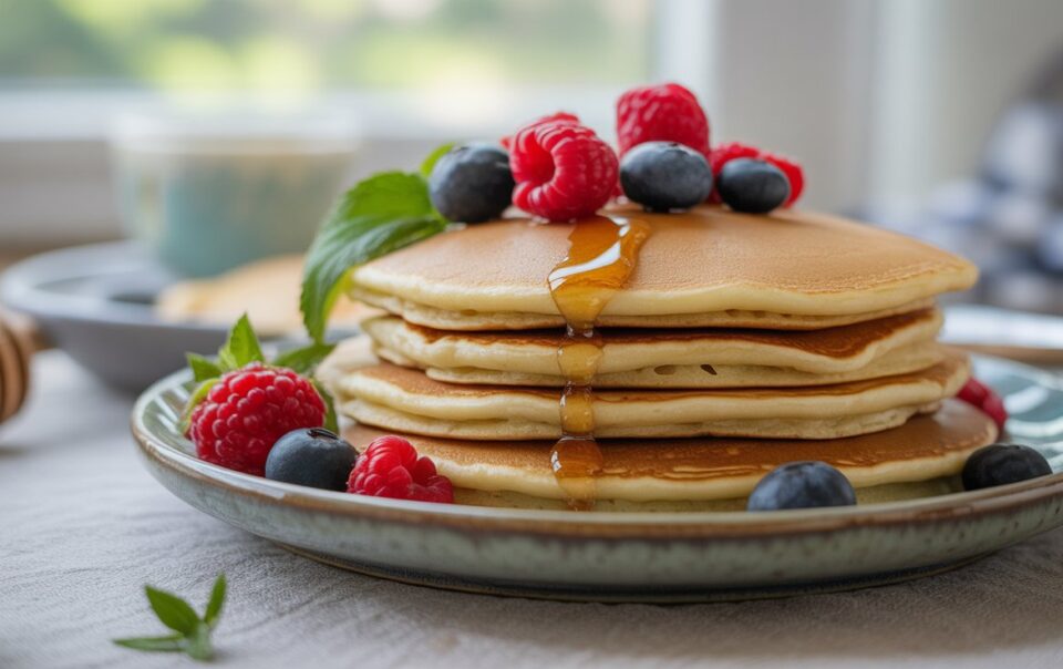 A stack of fluffy, protein-rich pancakes topped with fresh raspberries, blueberries, and a drizzle of syrup, served on a plate with a mint leaf garnish—perfect inspiration for healthy pancake recipes. A blurred cup and honey dipper are in the background.