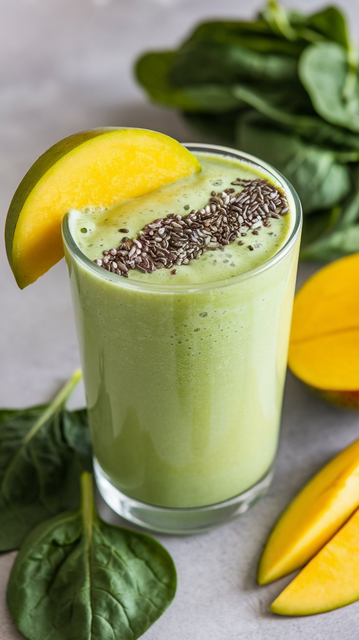 A green smoothie in a glass, topped with chia seeds and garnished with a mango slice. Fresh spinach leaves and mango slices are scattered around the glass on a light surface. Perfect for fans of the best protein shake recipes, its both nutritious and visually delightful.