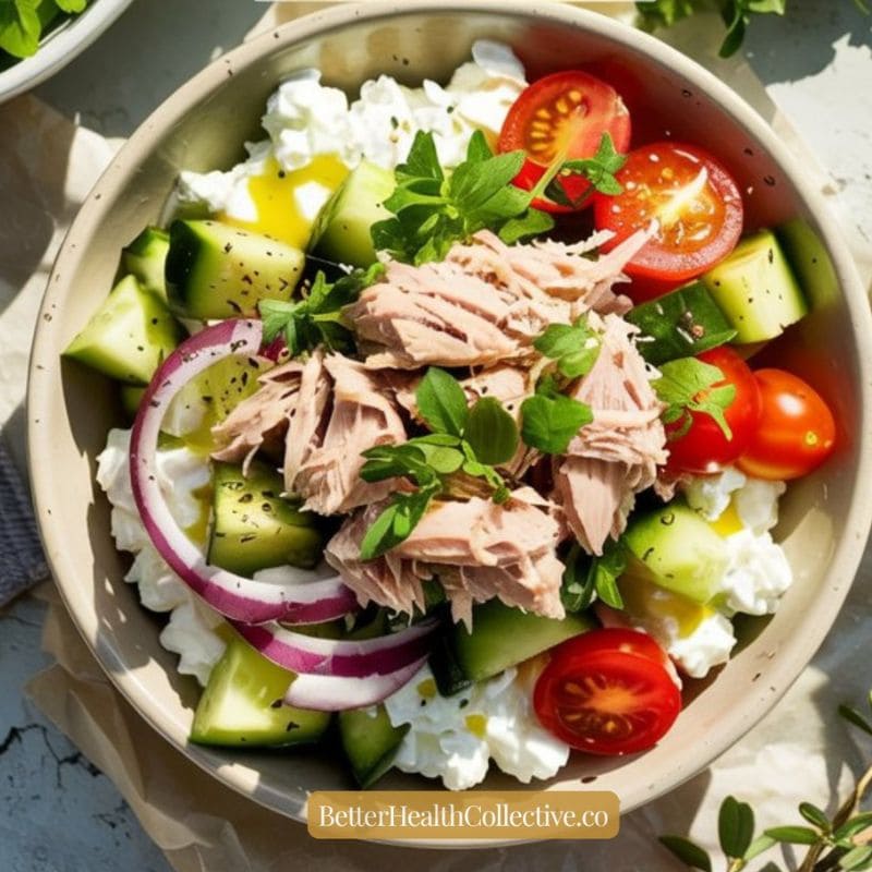 A vibrant cottage cheese bowl featuring cherry tomatoes, cucumber, red onion slices, and a hearty portion of tuna, all garnished with fresh herbs. The BetterHealthCollective.co logo appears at the bottom.