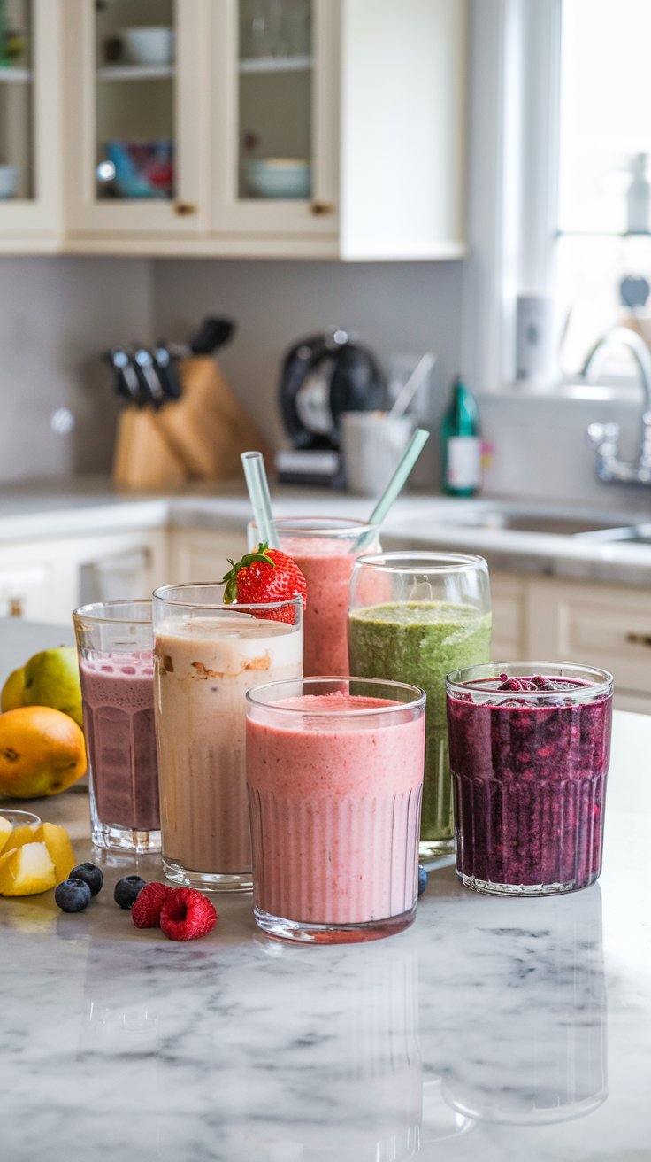 A variety of smoothies in glasses on a marble countertop in a kitchen, offering flavors like berry, green, and chocolate with fruit garnishes such as strawberries. Fresh raspberries and blueberries are scattered around. These delicious blends can complement your daily protein intake perfectly.