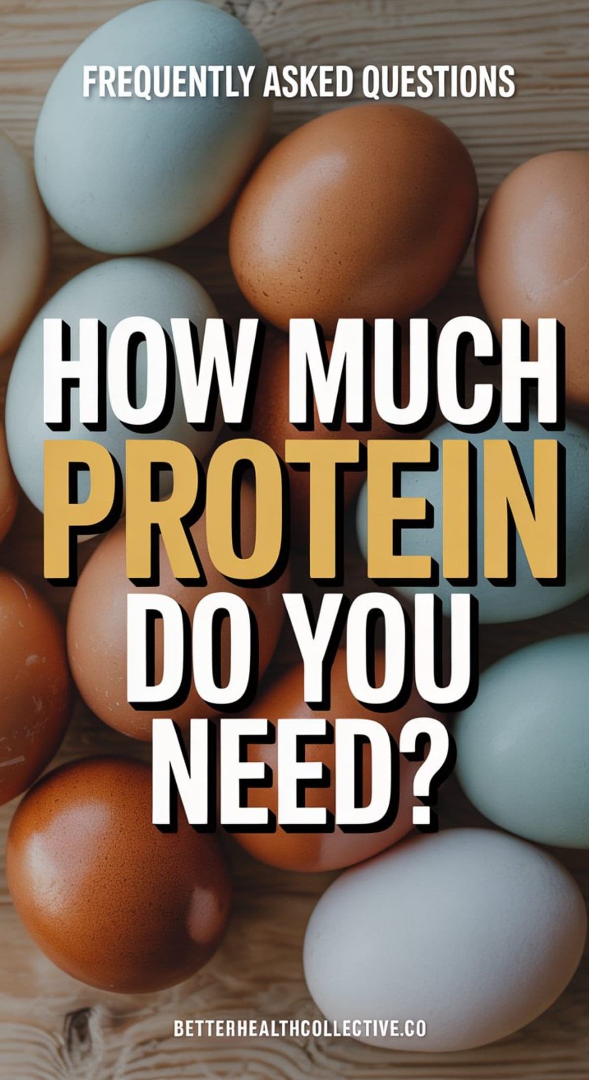 A variety of brown and white eggs are scattered on a surface. Overlaid text reads: “Frequently Asked Questions. How Much Protein Should You Eat? betterhealthcollective.co”.