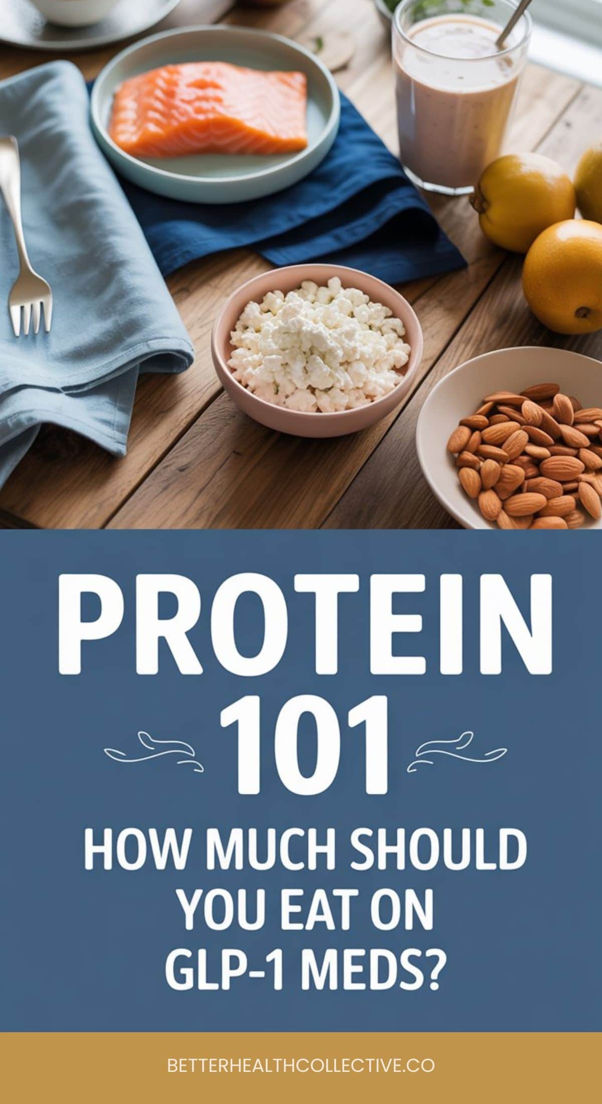 A table with salmon, cottage cheese, almonds, pears, and a smoothie sits beside text reading “How Much Protein Should You Eat on GLP-1 meds? Protein 101 at betterhealthcollective.co.”.