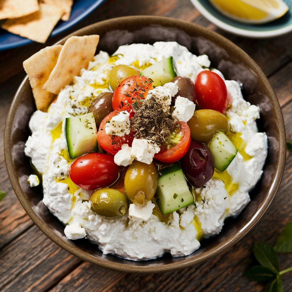 A bowl of creamy cottage cheese dip topped with cherry tomatoes, olives, cucumber, feta, and herbs, drizzled with olive oil. Pita chips rest on the side. A plate of pita and a lemon wedge are in the background on a wooden table.