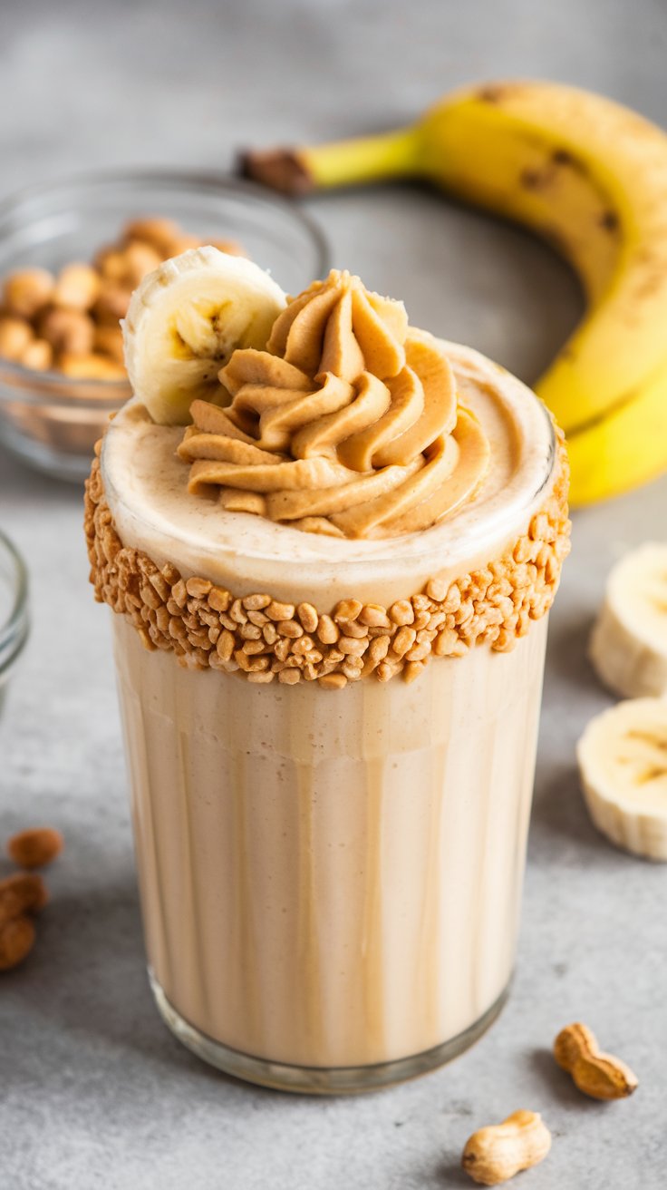 Indulge in the best protein shake recipes with this creamy peanut butter banana smoothie, topped with whipped peanut butter and banana slices. The glass rim is coated with crushed nuts, complemented by a backdrop featuring a banana and a bowl of peanuts on a sleek gray surface.