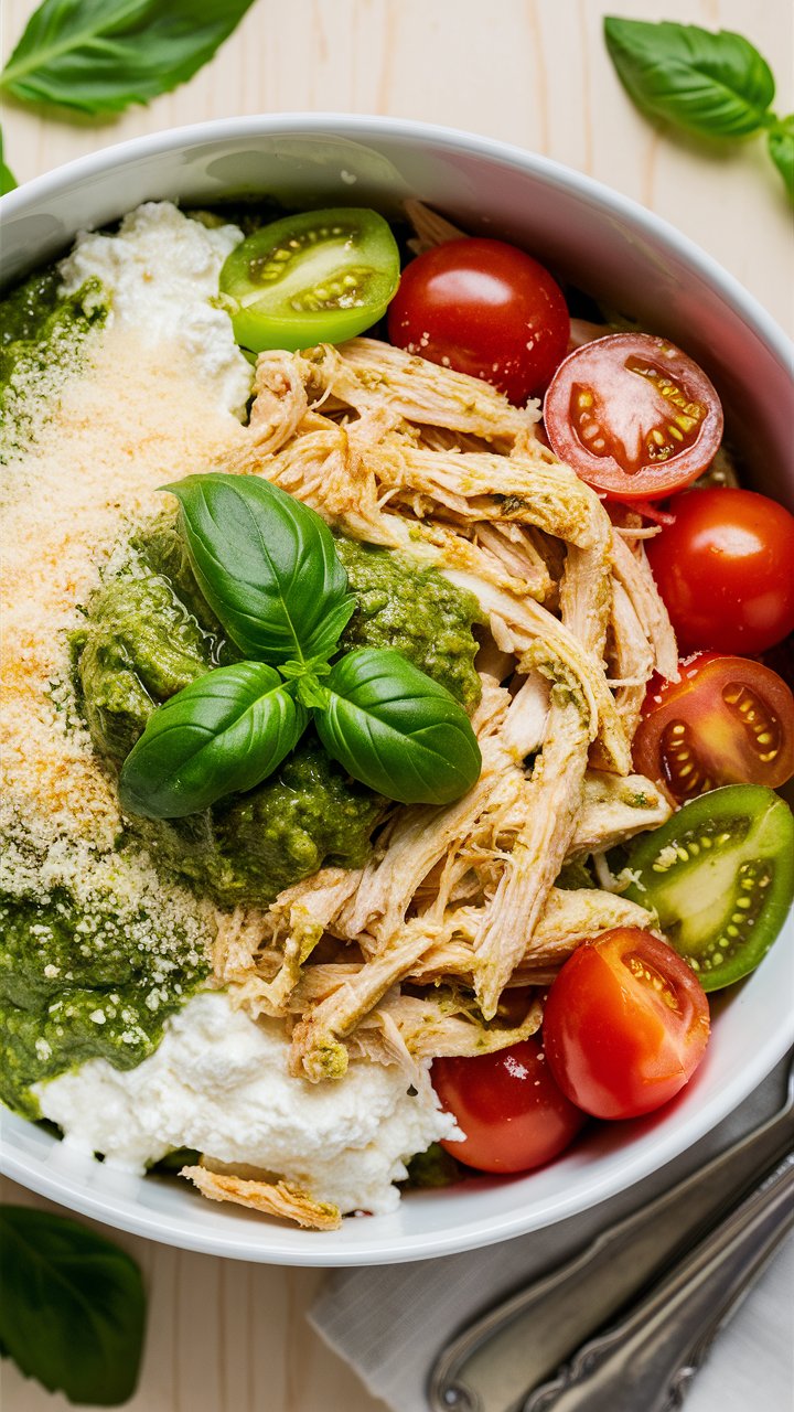 A bowl of shredded chicken, cherry tomatoes, ricotta, and Parmesan cheese sits on a bed of green pesto sauce. Fresh basil leaves garnish the dish. Reminiscent of cottage cheese bowls, it rests invitingly on a wooden table with a fork and knife beside it.