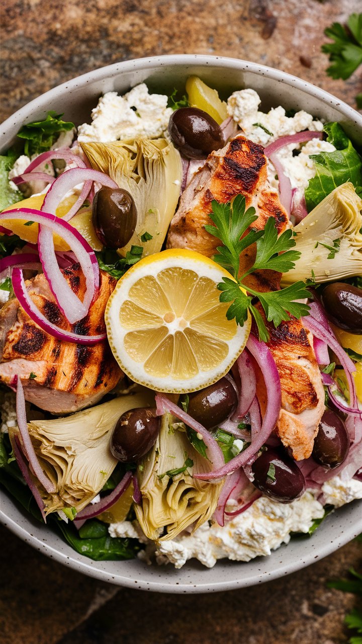 A bowl of salad featuring grilled chicken slices, artichoke hearts, red onion rings, olives, and crumbled cheese, garnished with a lemon slice and parsley atop leafy greens—perfect for those who love cottage cheese bowls.