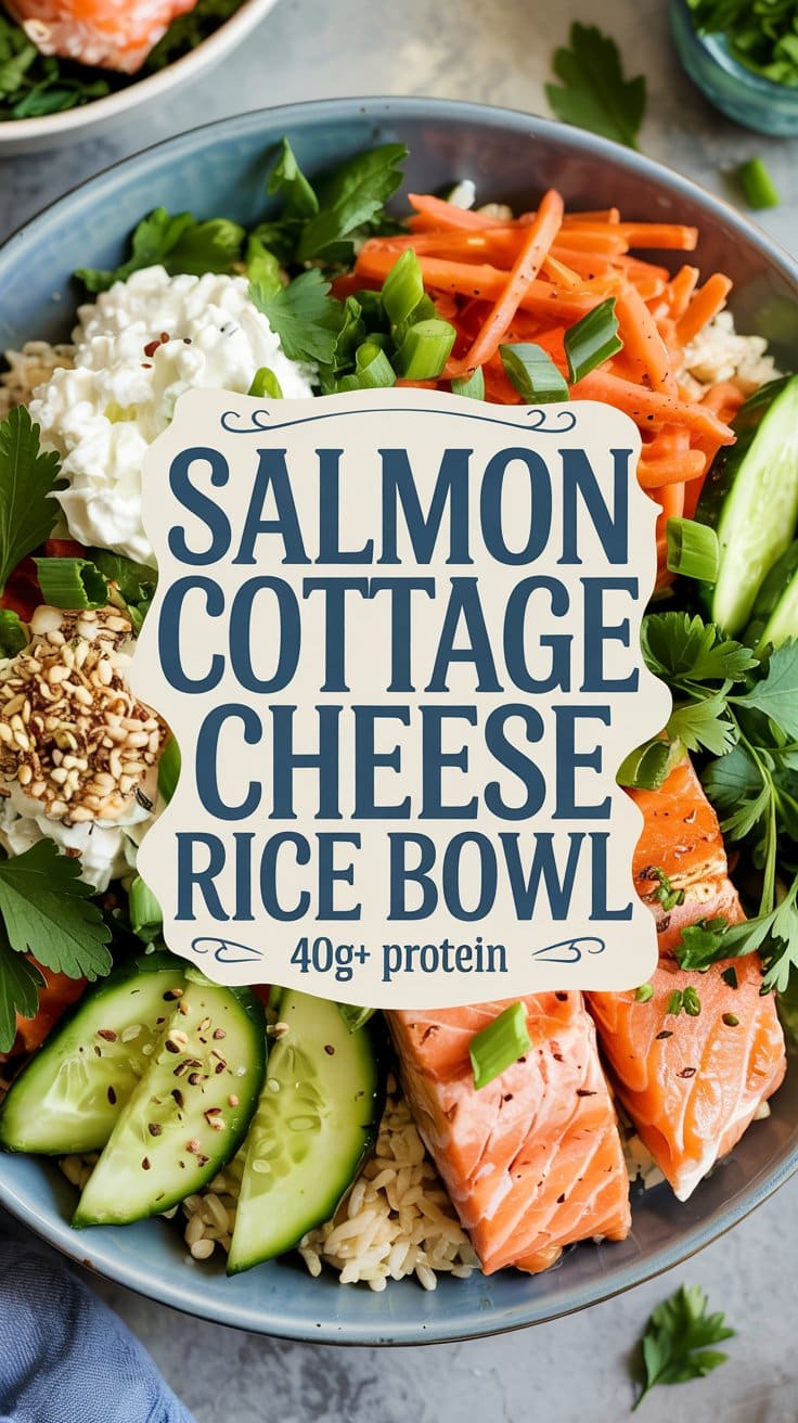 A bowl filled with rice, sliced salmon, cucumbers, shredded carrots, cottage cheese, herbs, and green onions—one of our delicious cottage cheese bowls. Text overlay reads: “Salmon Cottage Cheese Rice Bowl 40g+ protein.”.