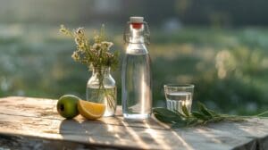 A clear glass bottle and a glass of water sit on a wooden table outdoors, alongside a lemon wedge, a green pear, and wildflowers—an inviting scene that’s perfect for refreshing yourself if you notice signs that you are dehydrated.