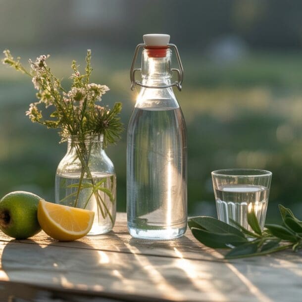A clear glass bottle and a glass of water sit on a wooden table outdoors, alongside a lemon wedge, a green pear, and wildflowers—an inviting scene that’s perfect for refreshing yourself if you notice signs that you are dehydrated.
