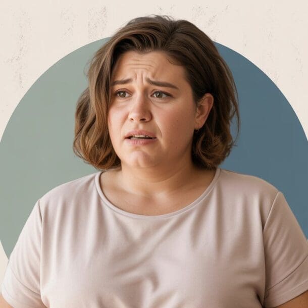 A woman with short brown hair wearing a light pink shirt looks concerned about hunger or weight loss, standing in front of a background with a large blue circle.