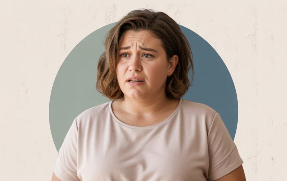 A woman with short brown hair wearing a light pink shirt looks concerned about hunger or weight loss, standing in front of a background with a large blue circle.