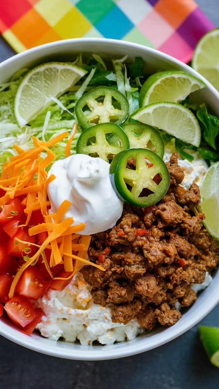 A bowl filled with seasoned ground beef, shredded lettuce, sliced jalapeños, lime wedges, chopped tomatoes, shredded carrots, a dollop of sour cream, shredded cheese—perfect inspiration for hearty cottage cheese bowls—set against a colorful napkin.