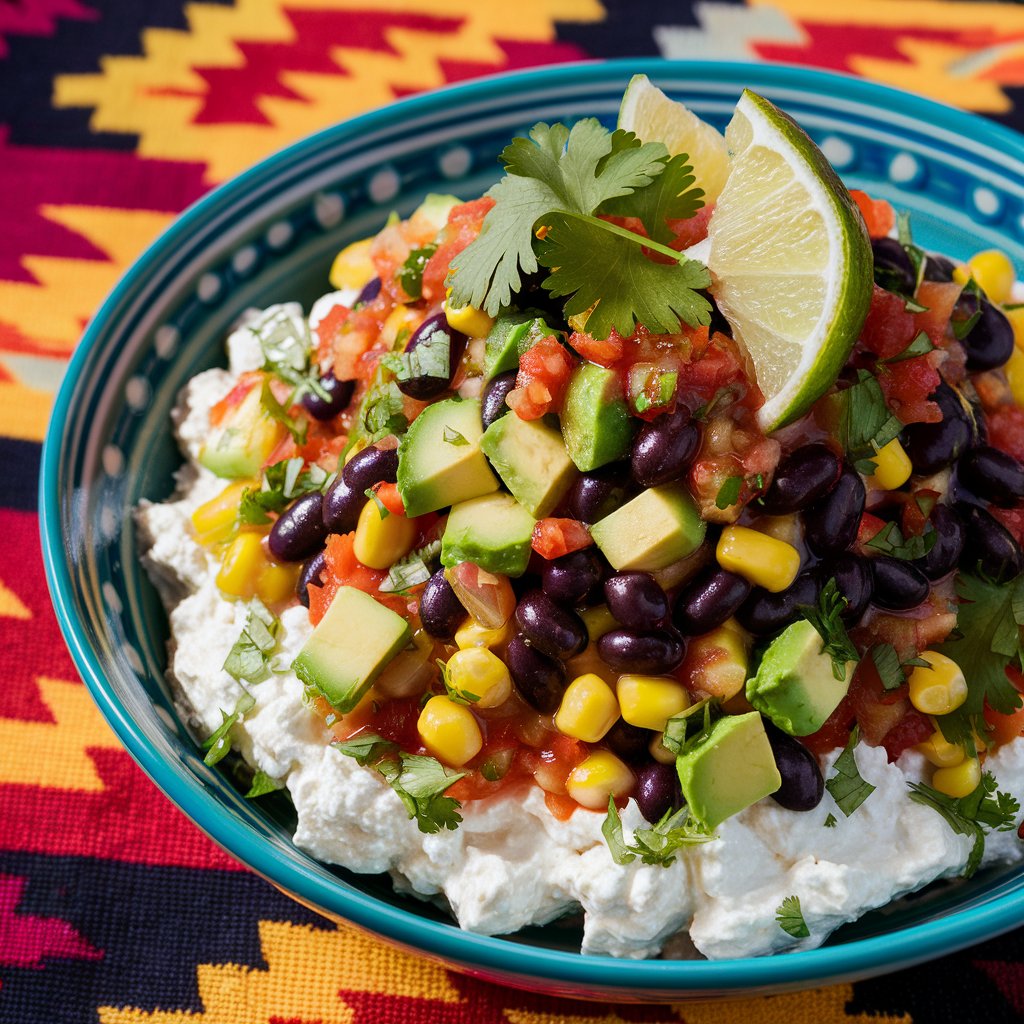 A colorful plate of layered dip featuring black beans, corn, diced avocado, salsa, cilantro, and lime wedges atop a creamy bed reminiscent of cottage cheese bowls. The dish rests on a vibrant cloth adorned with red, yellow, and black geometric designs.