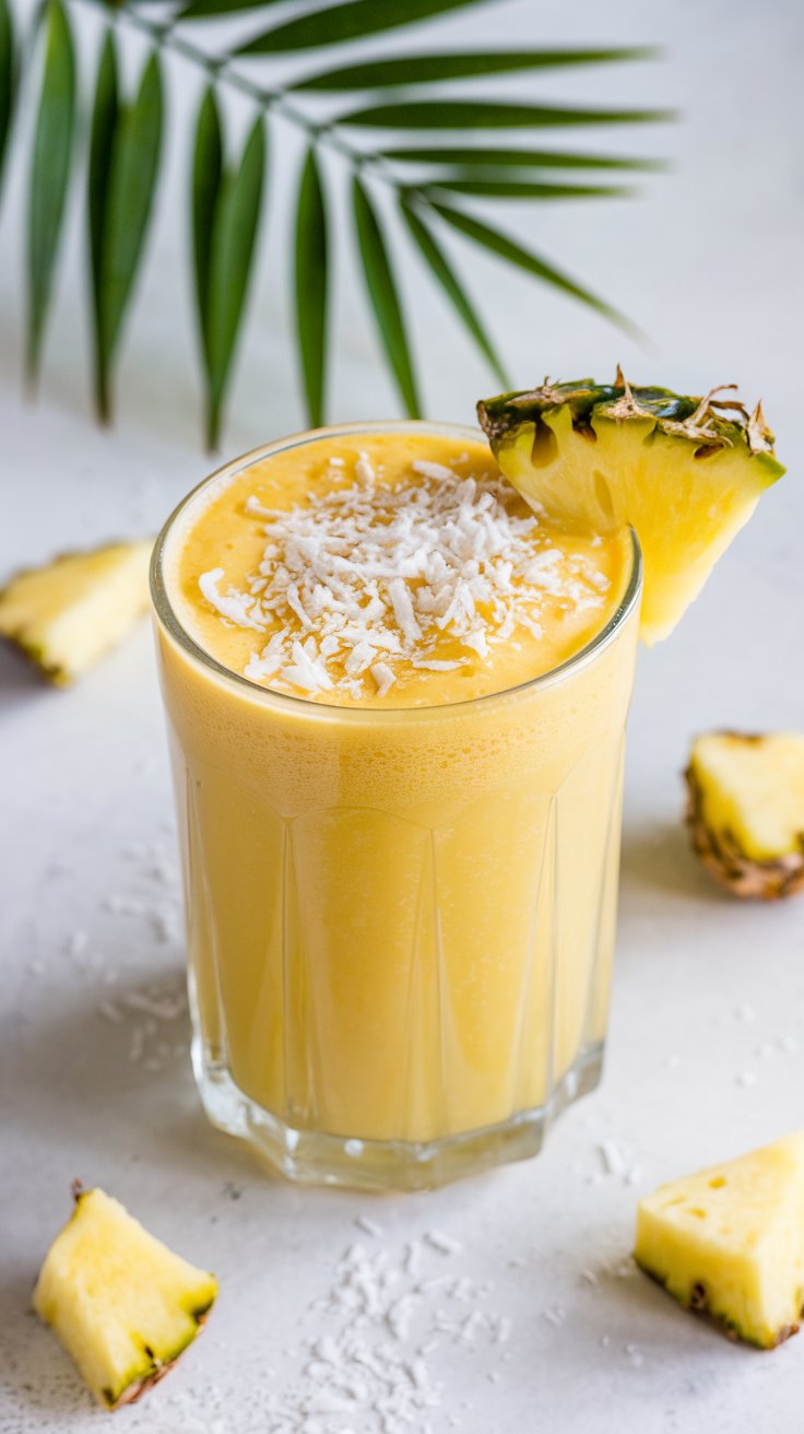 A refreshing glass of orange smoothie, a tropical twist on the best protein shake recipes, is topped with shredded coconut and garnished with a pineapple slice. Scattered pineapple pieces and a green palm leaf in the background enhance the tropical vibe of this scene.