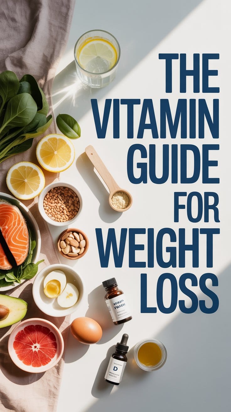 A flat lay of healthy foods like salmon, spinach, lemon, nuts, grapefruit, an egg, and supplements, with a glass of lemon water and the text: The Vitamin Guide for Weight Loss—essential vitamins for metabolism.