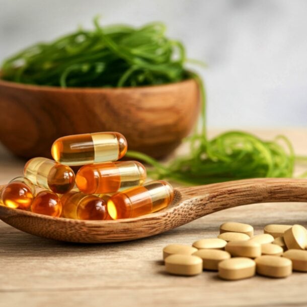 A wooden spoon holds amber gel capsules and beige tablets, highlighting vitamin supplements for dieters, with a bowl of green spirulina or seaweed strands in the background on a wooden surface.