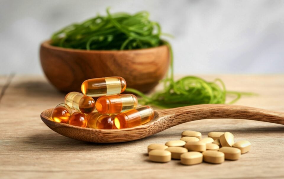 A wooden spoon holds amber gel capsules and beige tablets, highlighting vitamin supplements for dieters, with a bowl of green spirulina or seaweed strands in the background on a wooden surface.