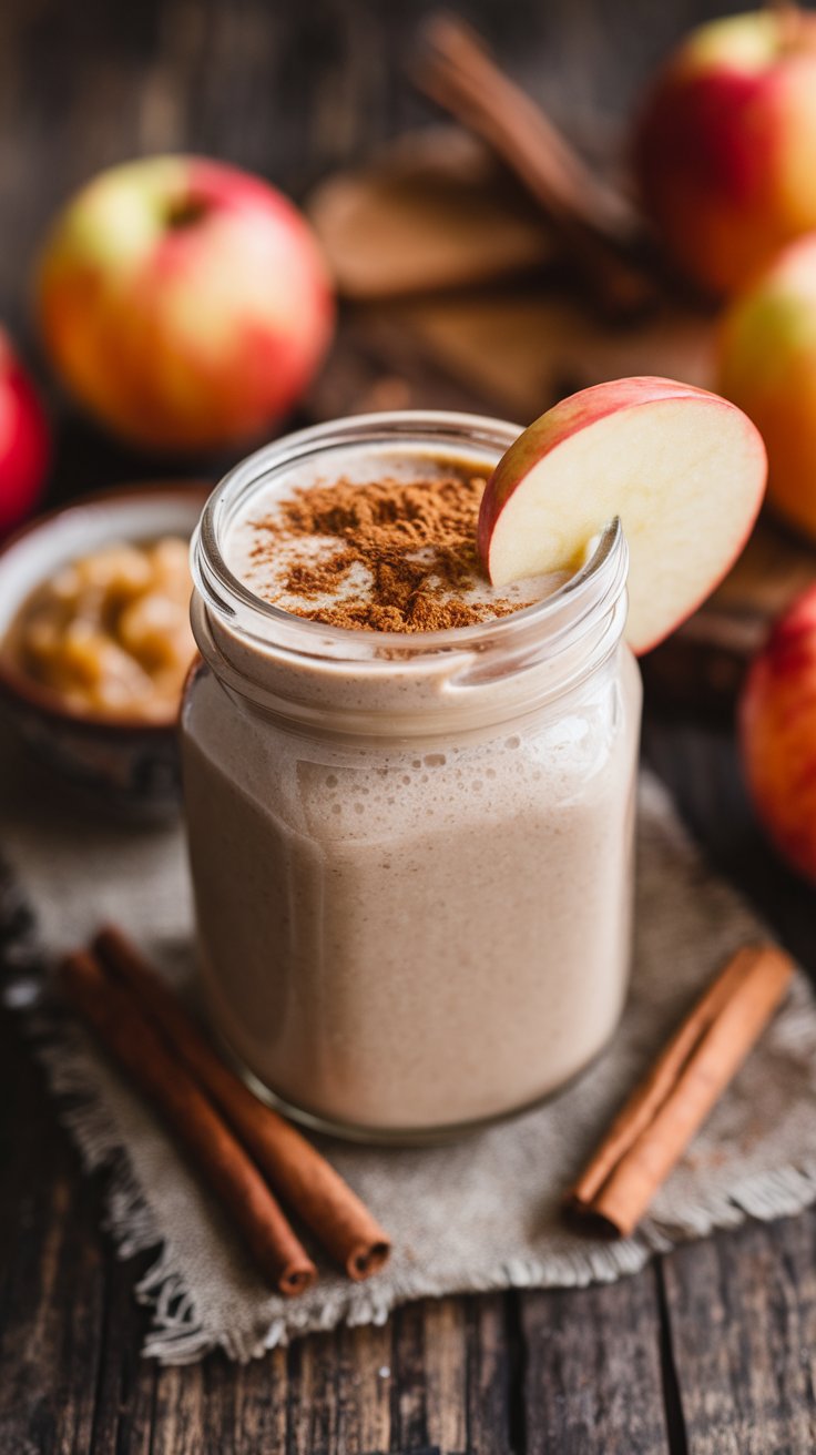A glass jar filled with a creamy smoothie, resembling one of the best protein shake recipes, topped with cinnamon and an apple slice. Its surrounded by cinnamon sticks, fresh apples, and a small bowl of apple sauce on a rustic wooden table.
