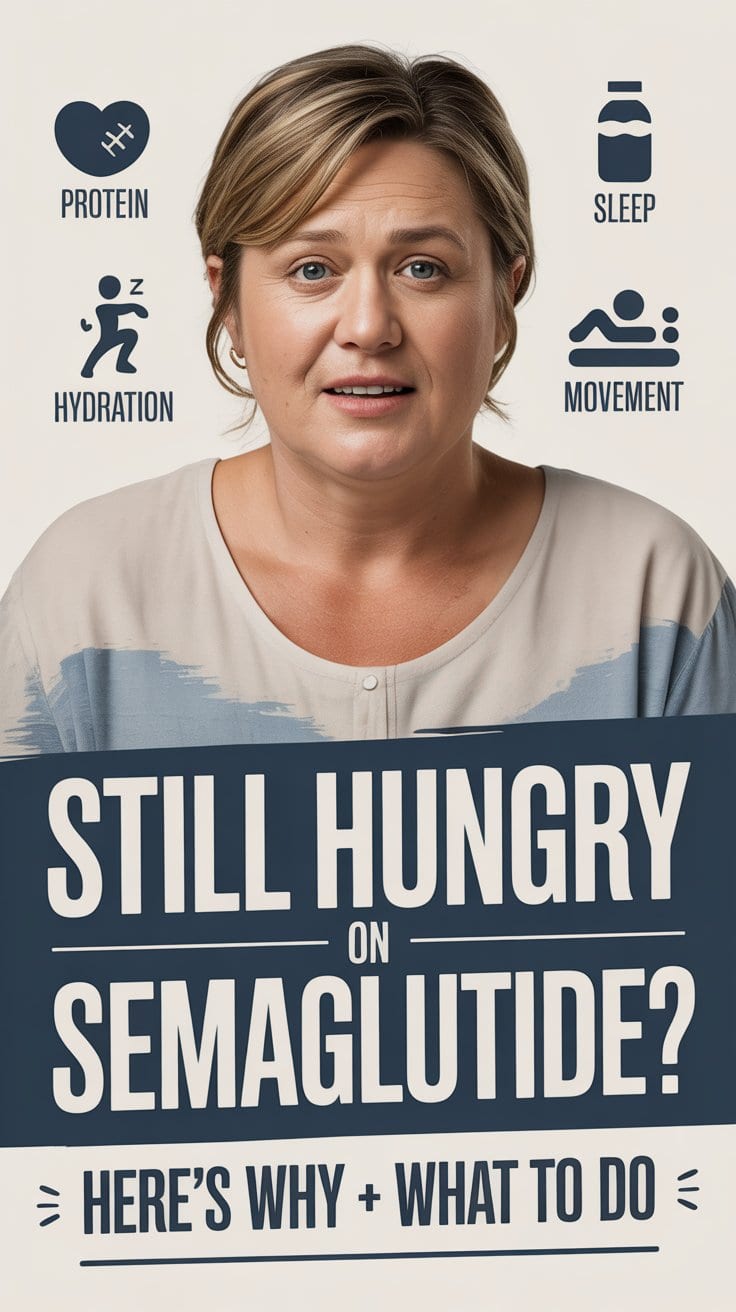 A concerned woman with icons for protein, sleep, hydration, and movement. Text reads: Still feeling hunger on semaglutide? Here’s why it happens during weight loss + what to do.