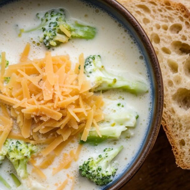 A bowl of rich broccoli cheddar soup topped with shredded cheese rests on a wooden surface, accompanied by slices of rustic bread.