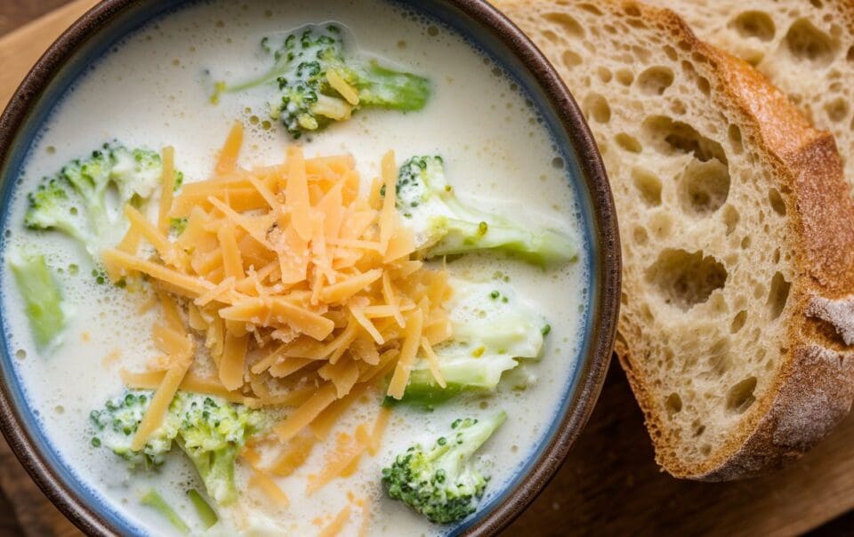 A bowl of rich broccoli cheddar soup topped with shredded cheese rests on a wooden surface, accompanied by slices of rustic bread.