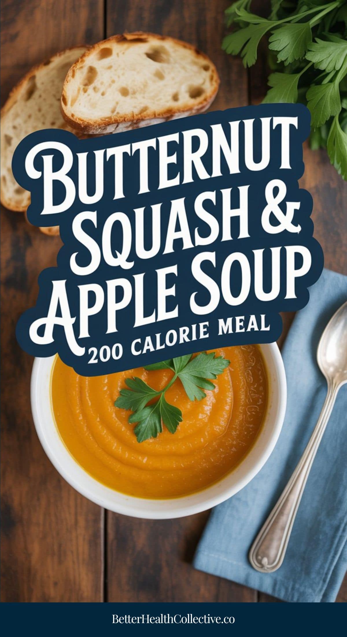 A bowl of Butternut Squash and Apple Soup garnished with parsley sits beside a spoon, fresh herbs, and a slice of bread. Text reads: “Butternut Squash & Apple Soup, 200 Calorie Meal.”.