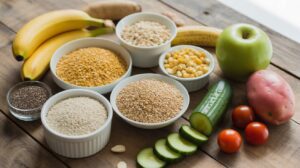 A variety of healthy foods on a wooden table, including bananas, an apple, a sweet potato, tomatoes, cucumber, ginger, grains, corn, and chia seeds—perfect options for carb cycling for weight loss.