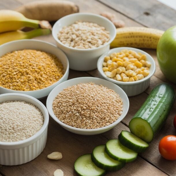A variety of healthy foods on a wooden table, including bananas, an apple, a sweet potato, tomatoes, cucumber, ginger, grains, corn, and chia seeds—perfect options for carb cycling for weight loss.