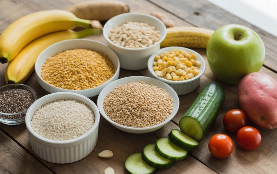A variety of healthy foods on a wooden table, including bananas, an apple, a sweet potato, tomatoes, cucumber, ginger, grains, corn, and chia seeds—perfect options for carb cycling for weight loss.