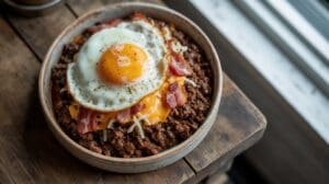 A Savory Carnivore Ground Beef Bowl filled with cooked ground beef, shredded cheese, crispy bacon strips, and topped with a sunny-side-up fried egg sits on a wooden table by a window.