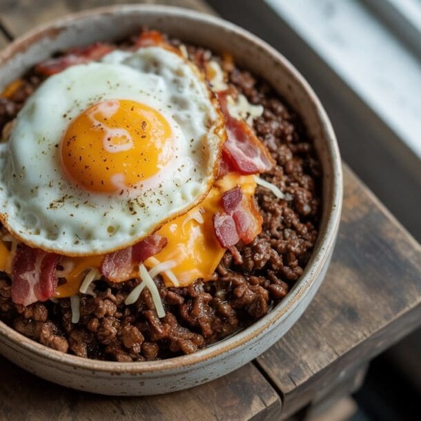 A Savory Carnivore Ground Beef Bowl filled with cooked ground beef, shredded cheese, crispy bacon strips, and topped with a sunny-side-up fried egg sits on a wooden table by a window.