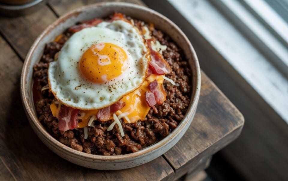 A Savory Carnivore Ground Beef Bowl filled with cooked ground beef, shredded cheese, crispy bacon strips, and topped with a sunny-side-up fried egg sits on a wooden table by a window.