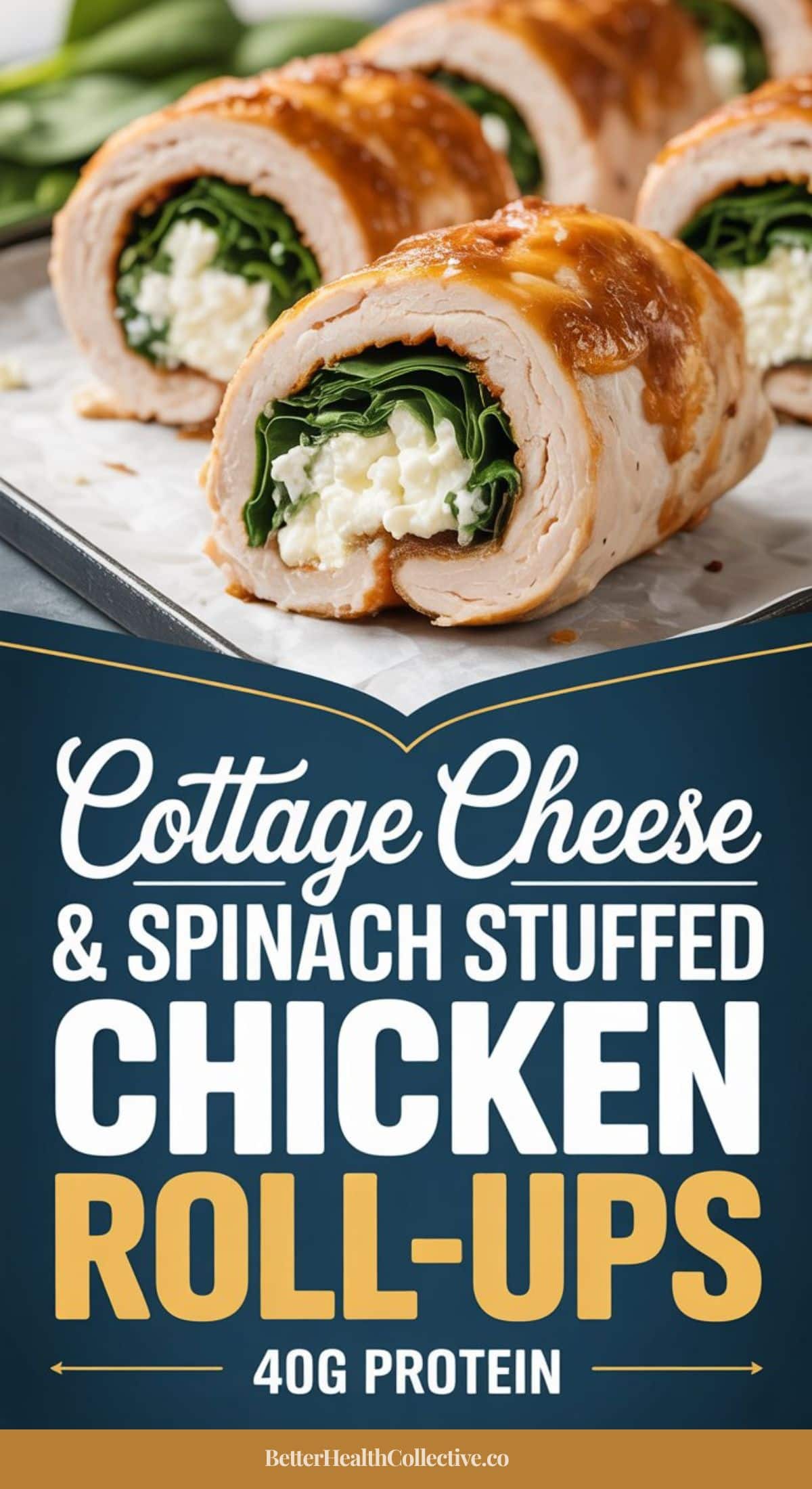 Cottage Cheese and Spinach Stuffed Chicken Roll-Ups on a tray, packed with 40g protein. Text: “Cottage Cheese & Spinach Stuffed Chicken Roll-Ups, 40g Protein, BetterHealthCollective.co.”.