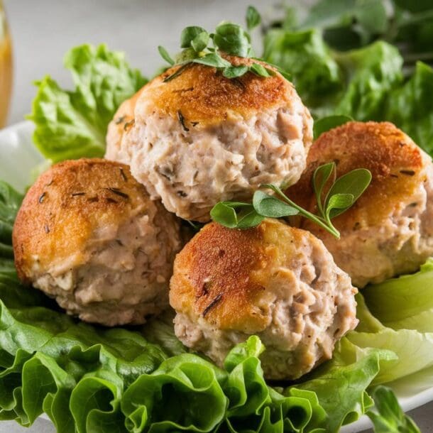 Four browned chicken meatballs garnished with fresh herbs, placed on a bed of green lettuce leaves on a white plate. Enhanced with creamy cottage cheese, a small carafe of dressing is in the background on the left.