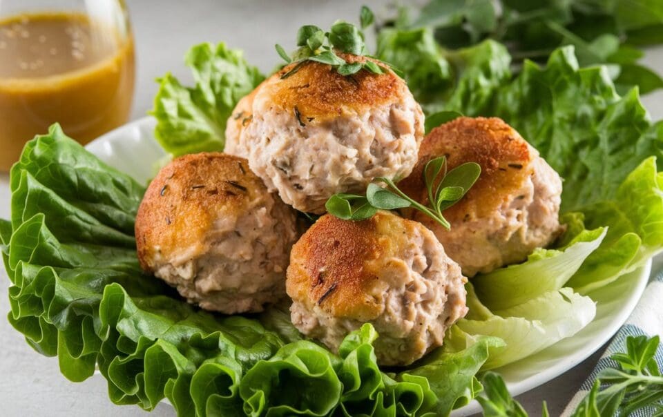 Four browned chicken meatballs garnished with fresh herbs, placed on a bed of green lettuce leaves on a white plate. Enhanced with creamy cottage cheese, a small carafe of dressing is in the background on the left.