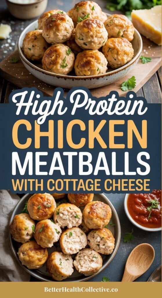 Two images of golden-brown Cottage Cheese and Chicken Meatballs garnished with herbs; one shows a close-up on a plate, the other displays sliced meatballs with dipping sauce. Text reads: High Protein Chicken Meatballs with Cottage Cheese.