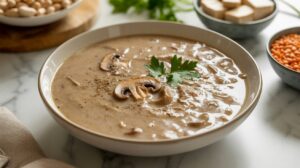 A bowl of creamy Vegan Mushroom Soup, garnished with sliced mushrooms and fresh parsley, sits on a marble surface, with bowls of lentils, tofu, and beans in the background.