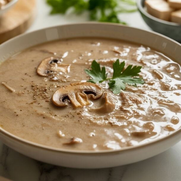 A bowl of creamy Vegan Mushroom Soup, garnished with sliced mushrooms and fresh parsley, sits on a marble surface, with bowls of lentils, tofu, and beans in the background.