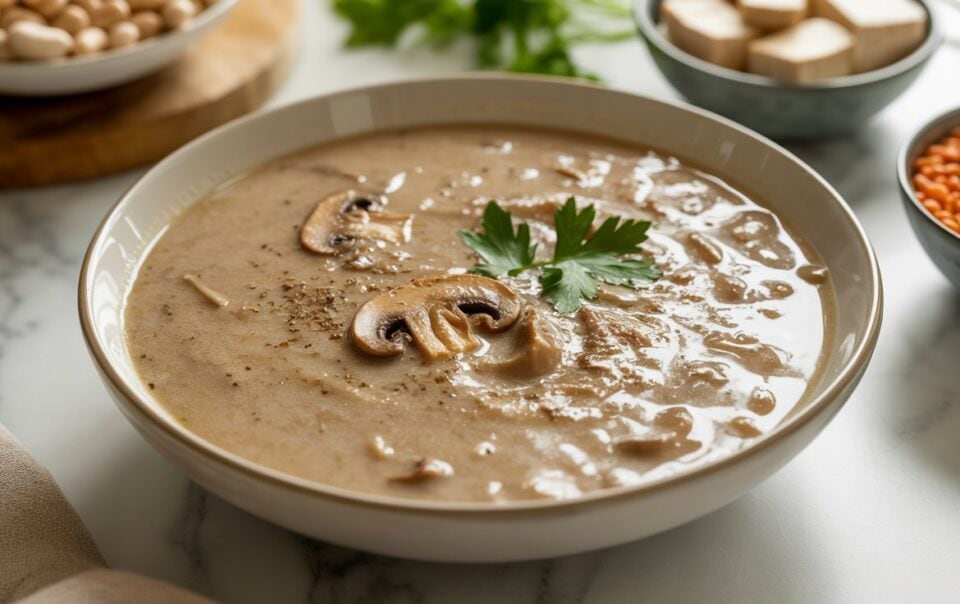 A bowl of creamy Vegan Mushroom Soup, garnished with sliced mushrooms and fresh parsley, sits on a marble surface, with bowls of lentils, tofu, and beans in the background.