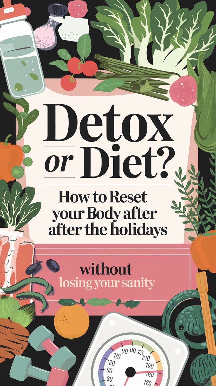 A colorful illustration featuring various fruits, vegetables, and kitchen items surrounding the text: Detox or Diet? Discover how to reset your body after the holidays without losing your sanity. A scale and measuring tape are also depicted.