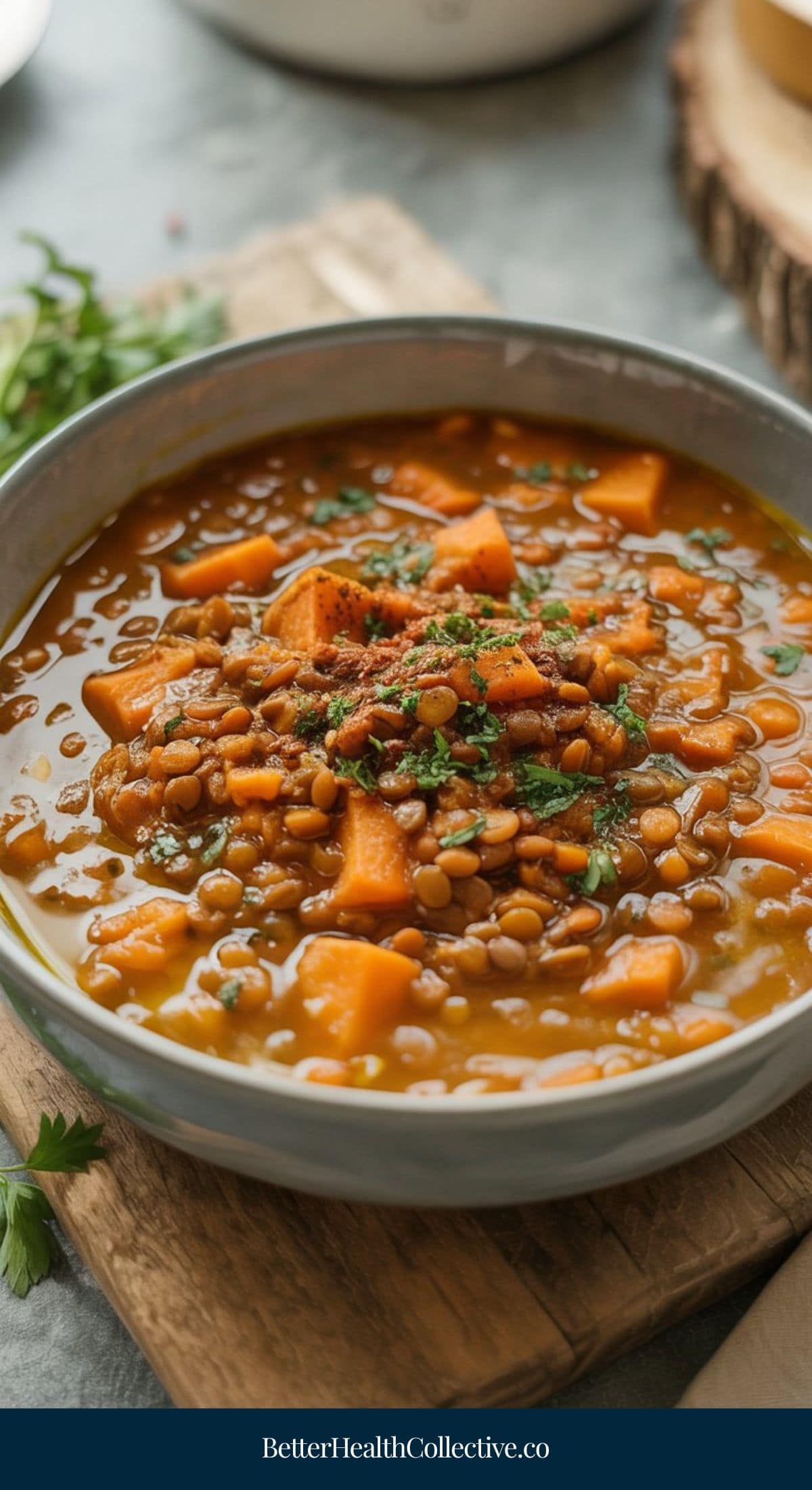 A bowl of lentil soup with chunks of sweet potato, garnished with fresh herbs, sits on a table next to a sprig of parsley. This hearty and colorful dish is perfect for anyone seeking delicious vegetarian soup recipes.
