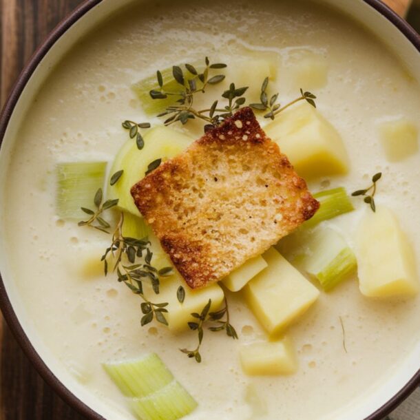 A bowl of creamy Potato Leek Soup garnished with diced potatoes, leeks, a toasted crouton, and fresh thyme sits beside a gold spoon and a checkered napkin on a wooden surface.